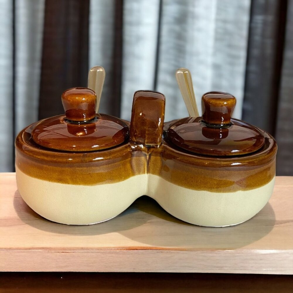 Unbranded Brown Stoneware Condiment Container Two Part Center Handle Lids Spoon